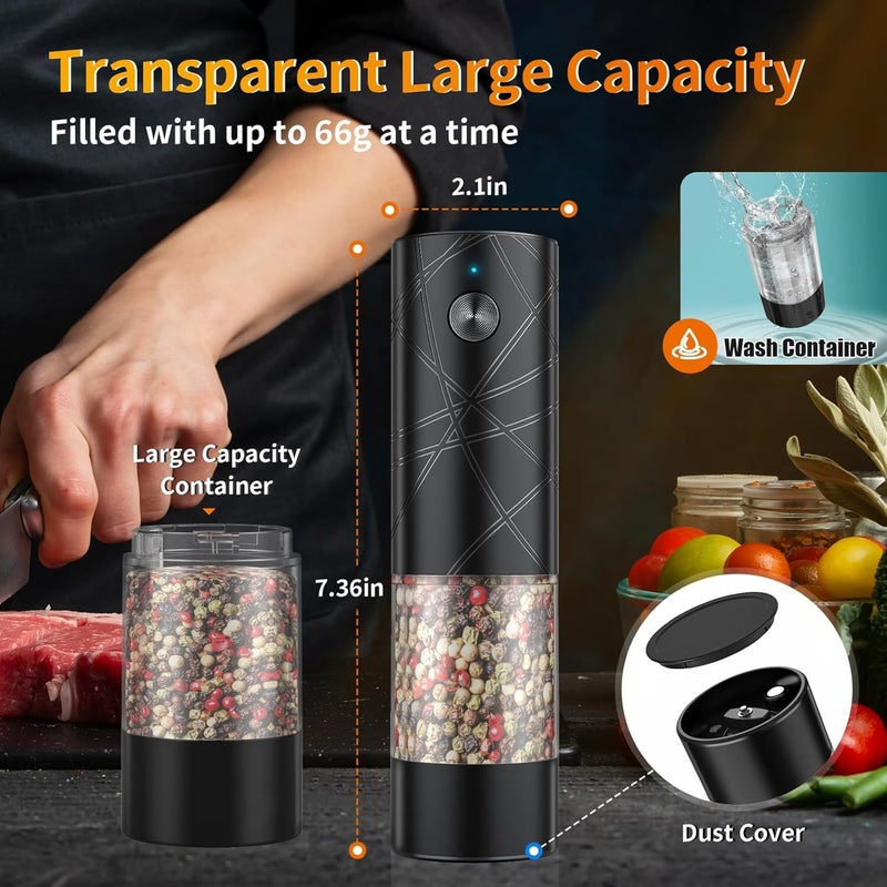 Lidaop 2Pack Electric Salt and Pepper Grinder Set USB Rechargeable with Warm LED Light, Adjustable Coarseness Large Capacity Automatic Salt Pepper Mill Shakers for Kitchen, Restaurant, Upgrade Black - Image 5